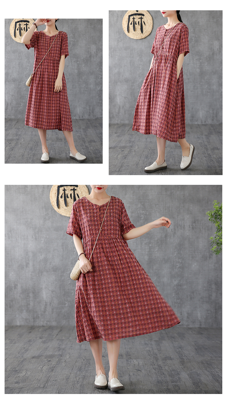 sarrudo品牌文艺条纹短袖棉麻连衣裙女裙宽松2020春夏季新款复古亚麻