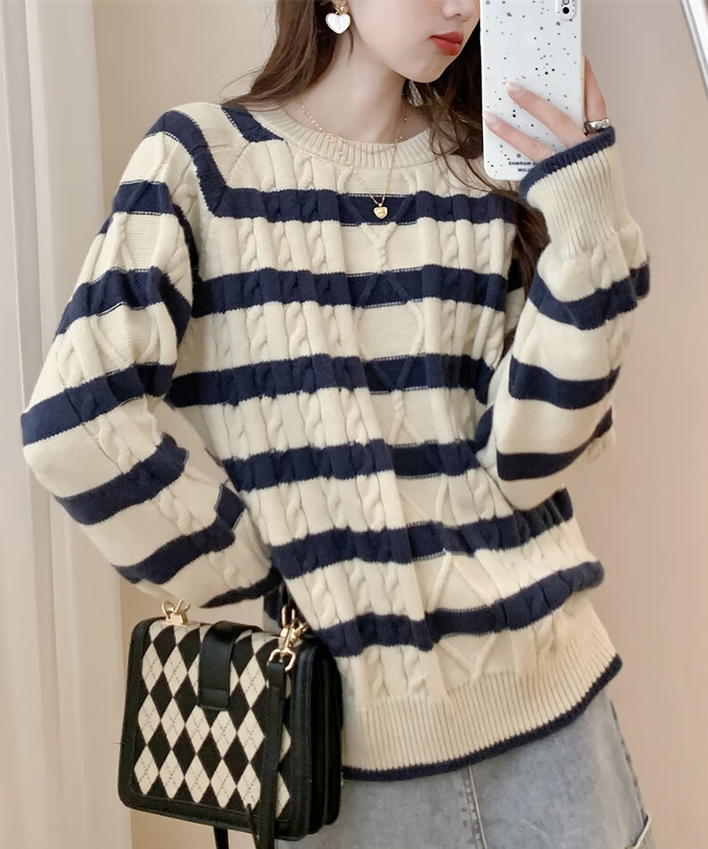 TonLion 2025 Autumn Winter Striped Cable Knit Women's Crew Neck Pullover Sweater 2