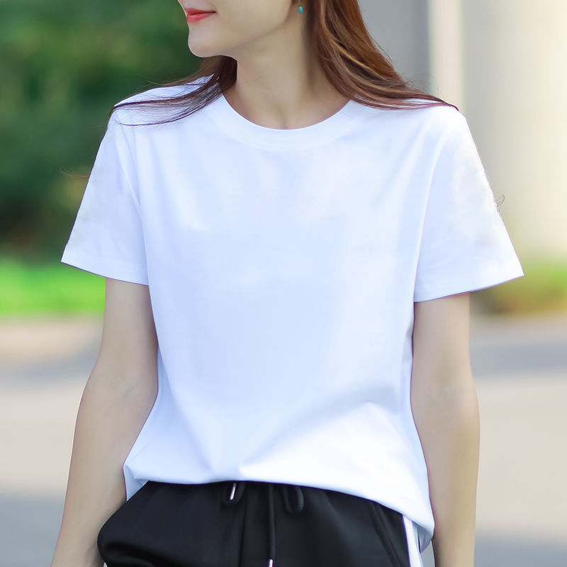 含棉短袖t恤女夏季白色简约女装纯色半袖打底衫宽松时尚百搭t恤 白色