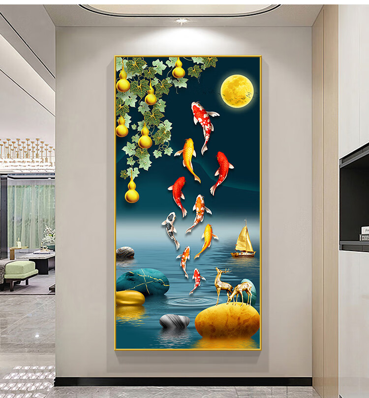 新款画玄幻走廊过道壁画墙画晶瓷大气客厅挂画hktk k款【聚财九鱼】