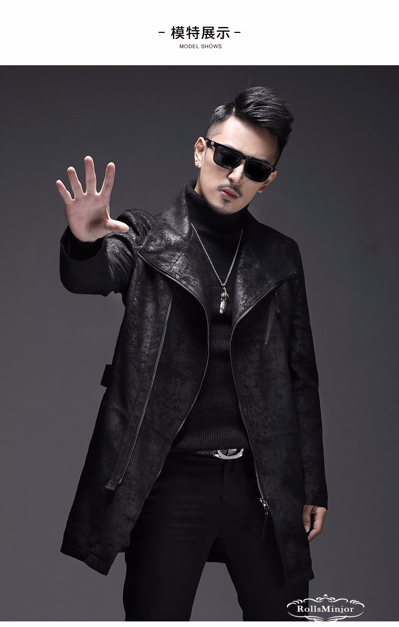 劳斯名爵品牌机车真皮皮衣男士中长款韩版皮夹克帅气外套潮 黑色 l