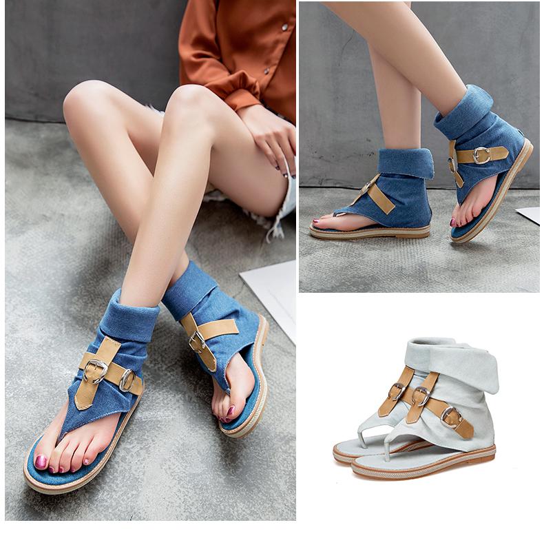 凉靴女后拉链平底露趾牛仔布凉鞋罗马夹趾皮带扣蓝色学生舒适百搭黑色