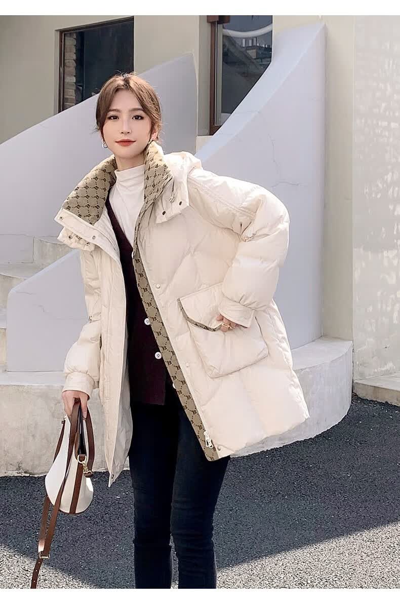 鸭鸭中长款羽绒服女2022年新款白鸭绒冬季加厚连帽宽松女士外套 子夜