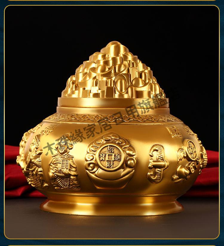 纯铜五路财神聚宝盆摆件金钱元宝储钱罐客厅桌面办公室店铺装饰品木珠