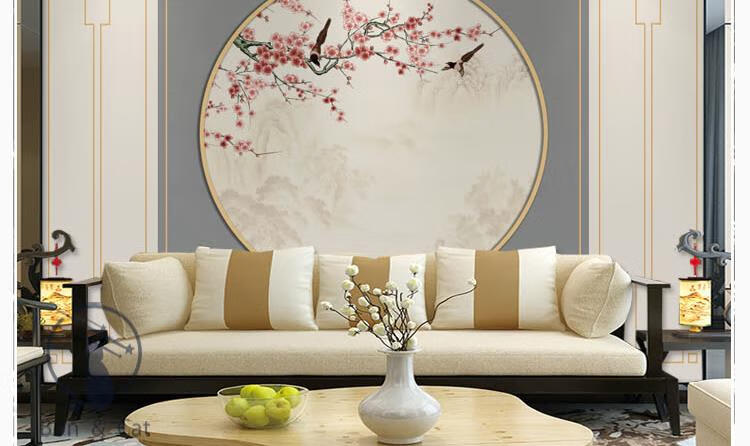 8d新中式客厅电视背景墙壁纸古典花鸟背景墙墙布定制5d壁画3d墙纸特价
