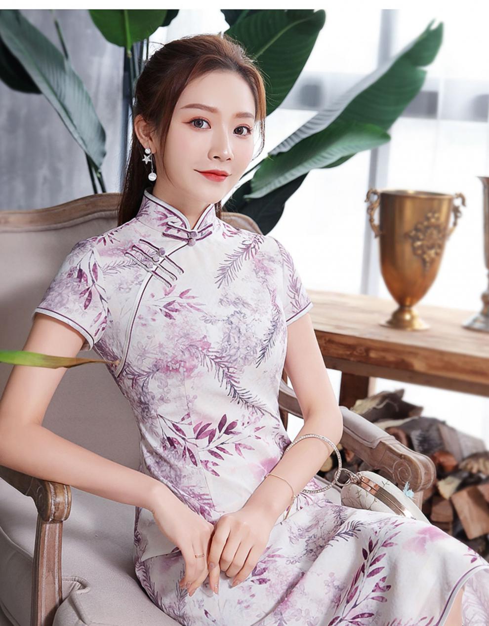 秀观唐花桃2020春夏新款改良雪纺印花优雅提花时尚中国风旗袍裙 白色