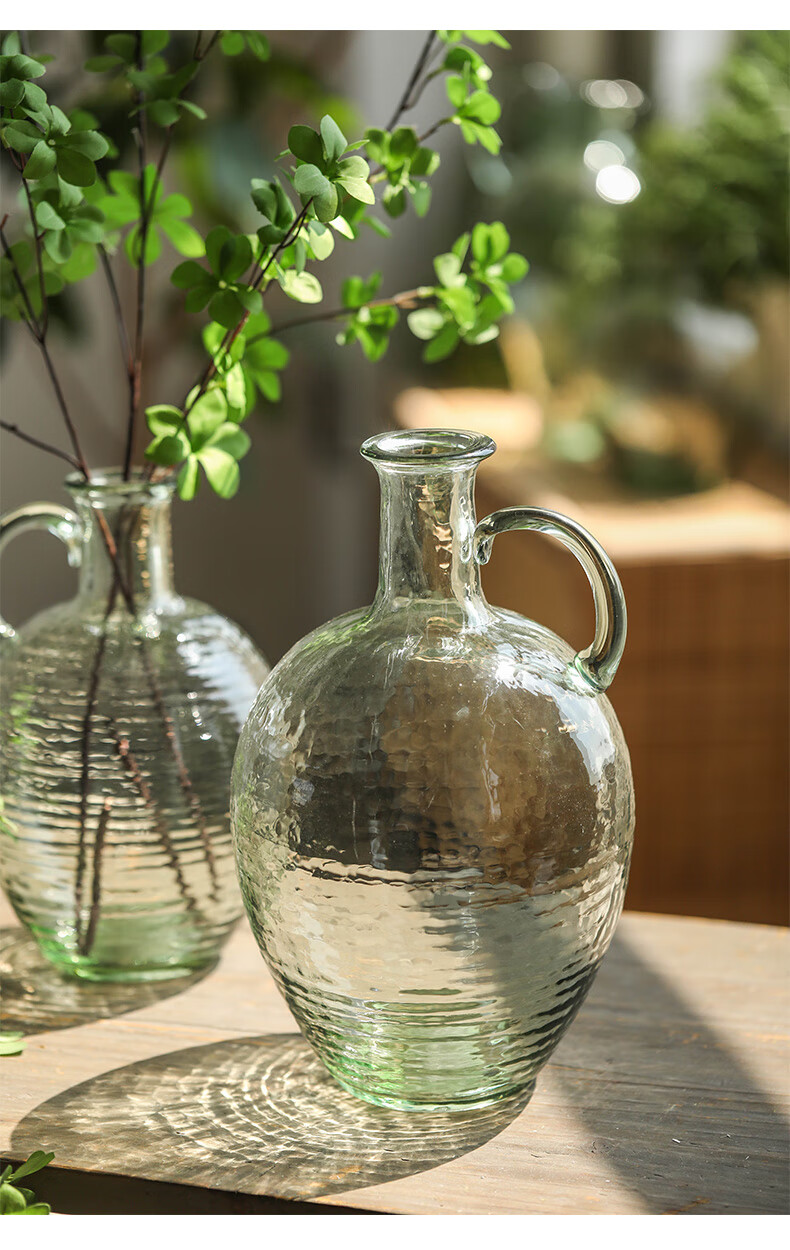 马醉木落地花瓶 绿色单耳锤纹玻璃大肚花瓶水养吊钟马醉木客厅落地圆