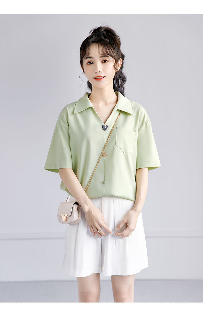 绿短袖衬衫女宽松薄款雪纺衬衣polo领休闲上衣潮2022夏季新款薄荷绿s