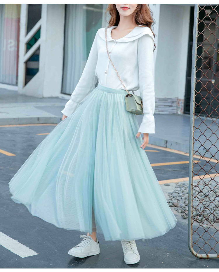 韩版高腰网纱半身裙女秋冬飘逸仙女纱裙十片拼接大摆长裙肉红色均码