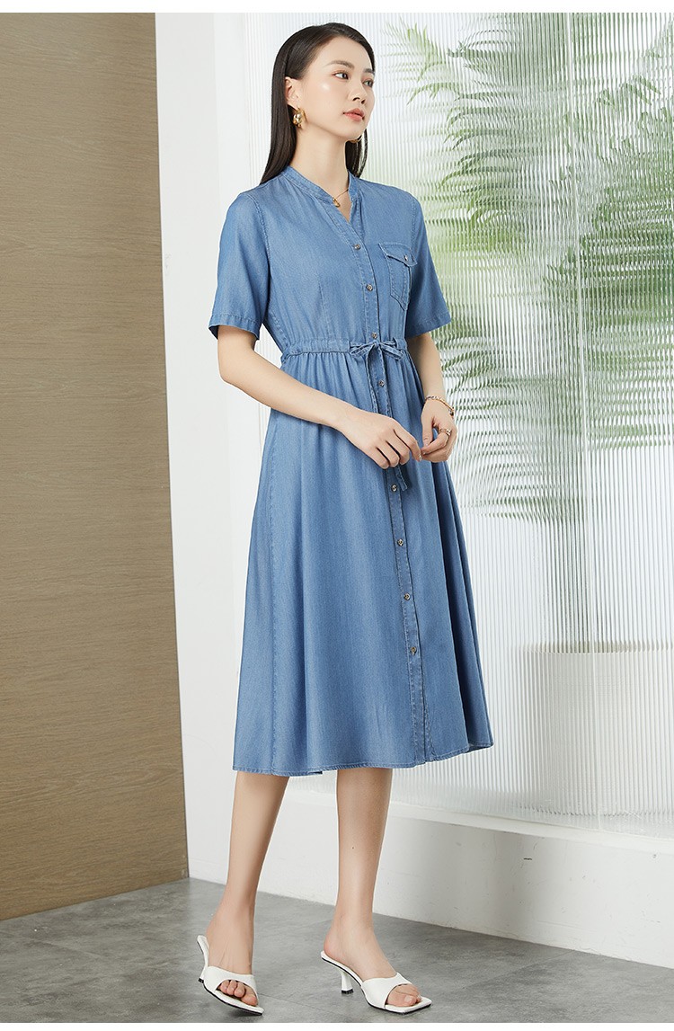 梦舒雅天丝牛仔连衣裙女2022夏季新品气质抽绳收腰显瘦圆领连垂感衬衫