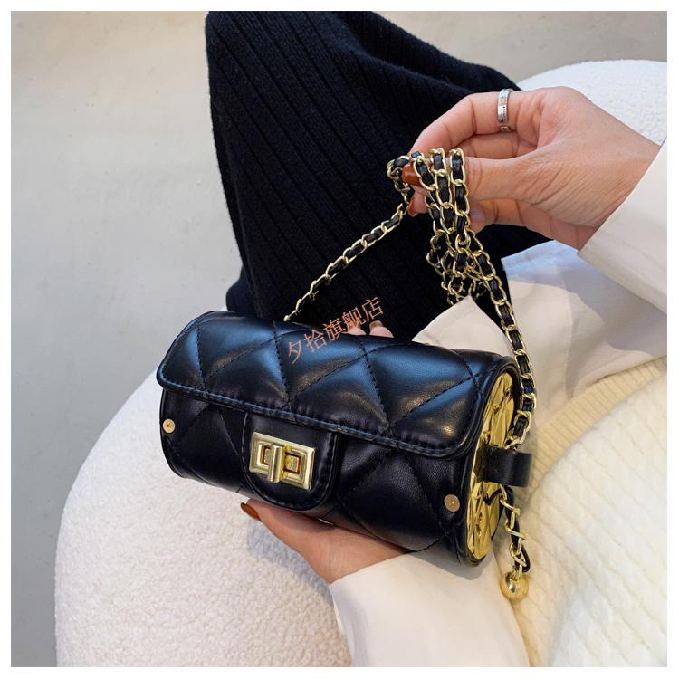 时尚小金球链条包 小众迷你包包女2022新款时尚菱格圆筒单肩枕头包斜