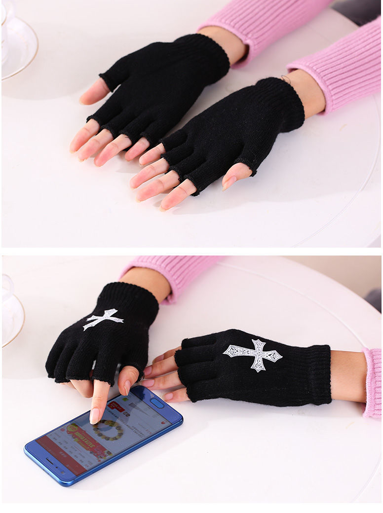 简菲蝶新品中学生写字半截手套手套冬季保暖学生男女款半指手套男帅气