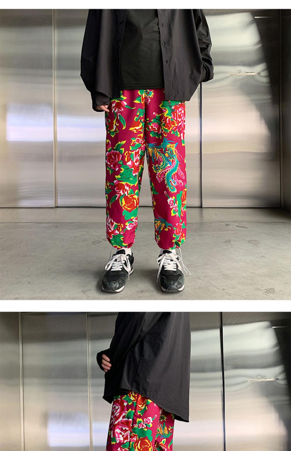 中国风东北大花裤子国潮情侣哈伦裤男宽松胖子大码潮流网红束脚裤 黑