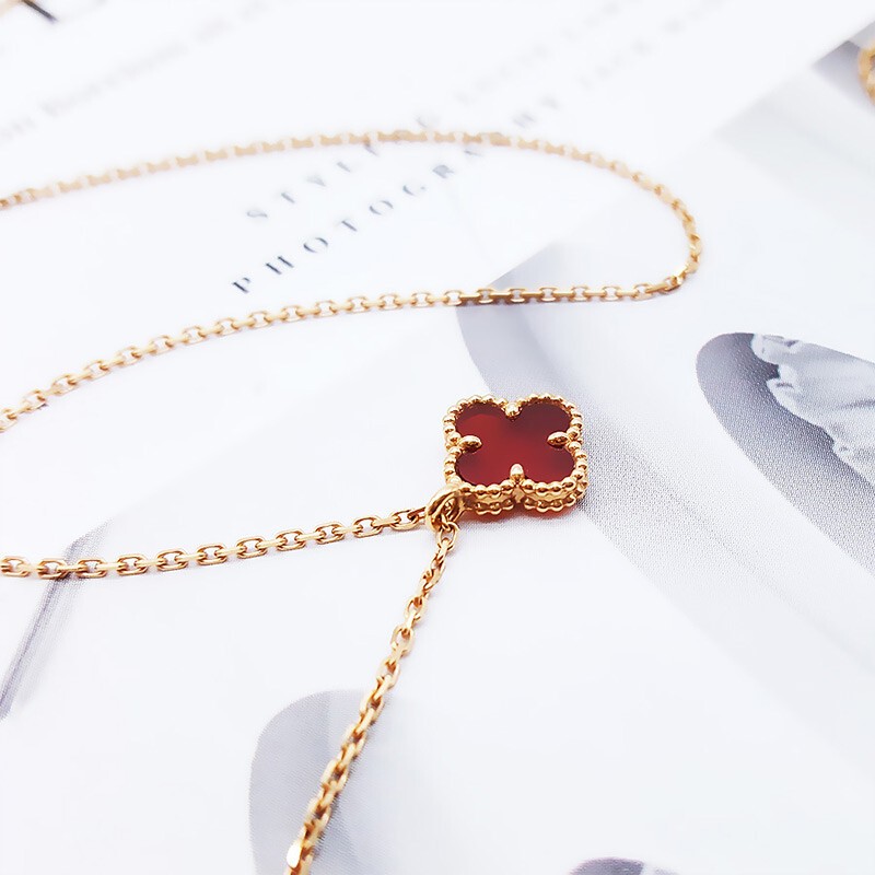 梵克雅宝四叶草项链vca项链18k金项链红玉髓项链玫瑰金色镶红玉髓40cm