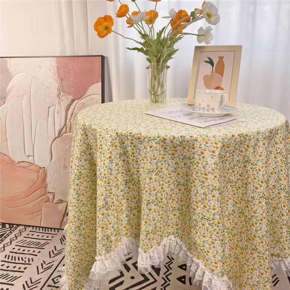 小清新碎花绒面桌布蕾丝花边法式田园ins拍照韩风长方形餐桌桌垫 奶油