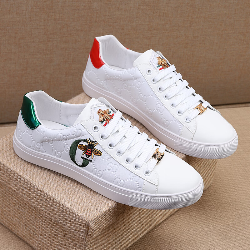 古驰gucci 小蜜蜂男鞋2022新款潮流鞋子男休闲百搭情侣板鞋透气 白