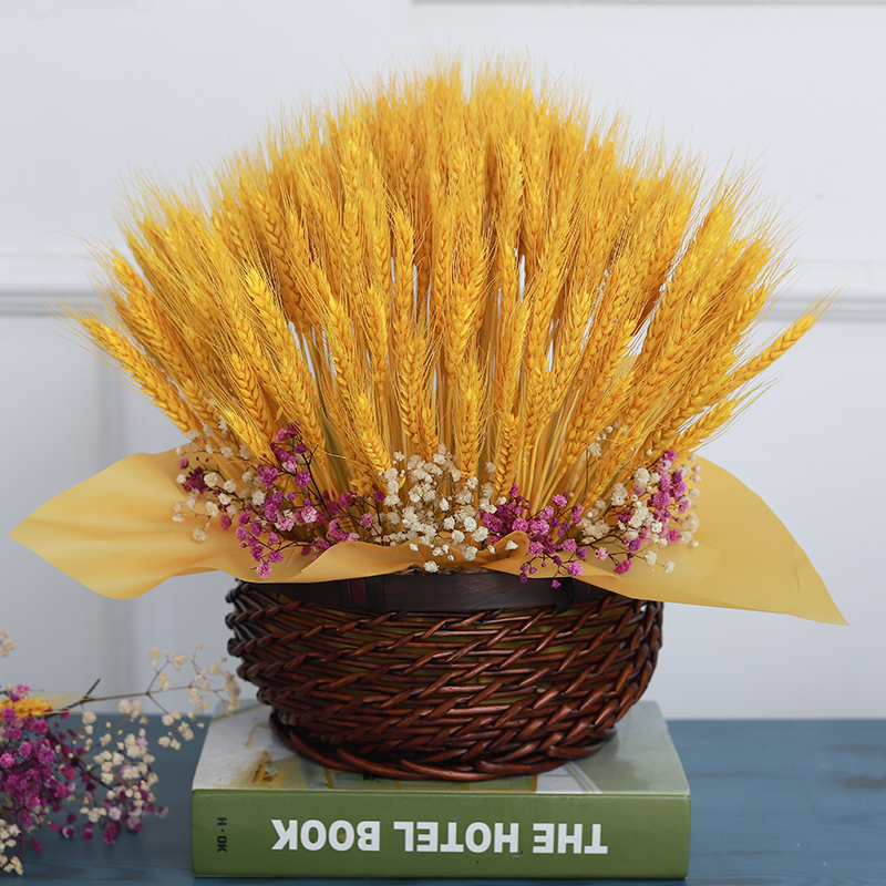 花束客厅摆件装饰布置拍摄道具插花花篮 金色麦穗500支 藤编大号花篮