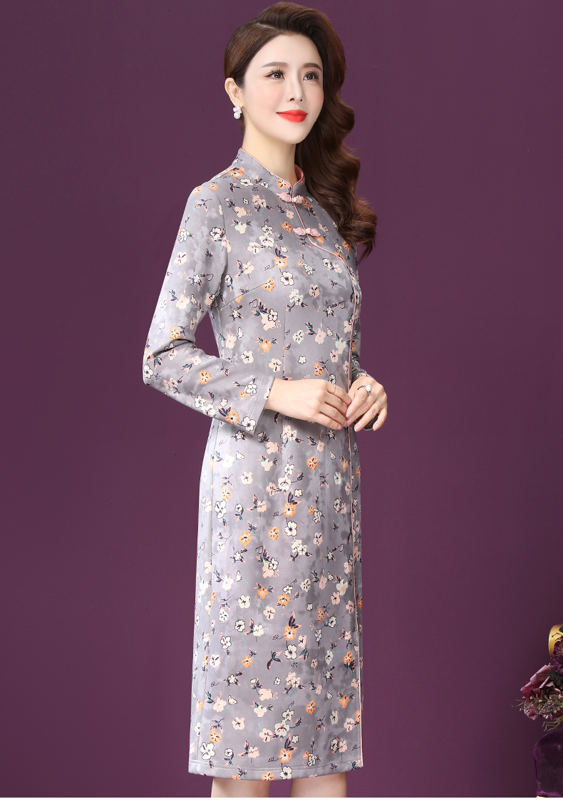 王小鸭2022春季新款长袖碎花修身连衣裙中国风复古改良旗袍女花色m