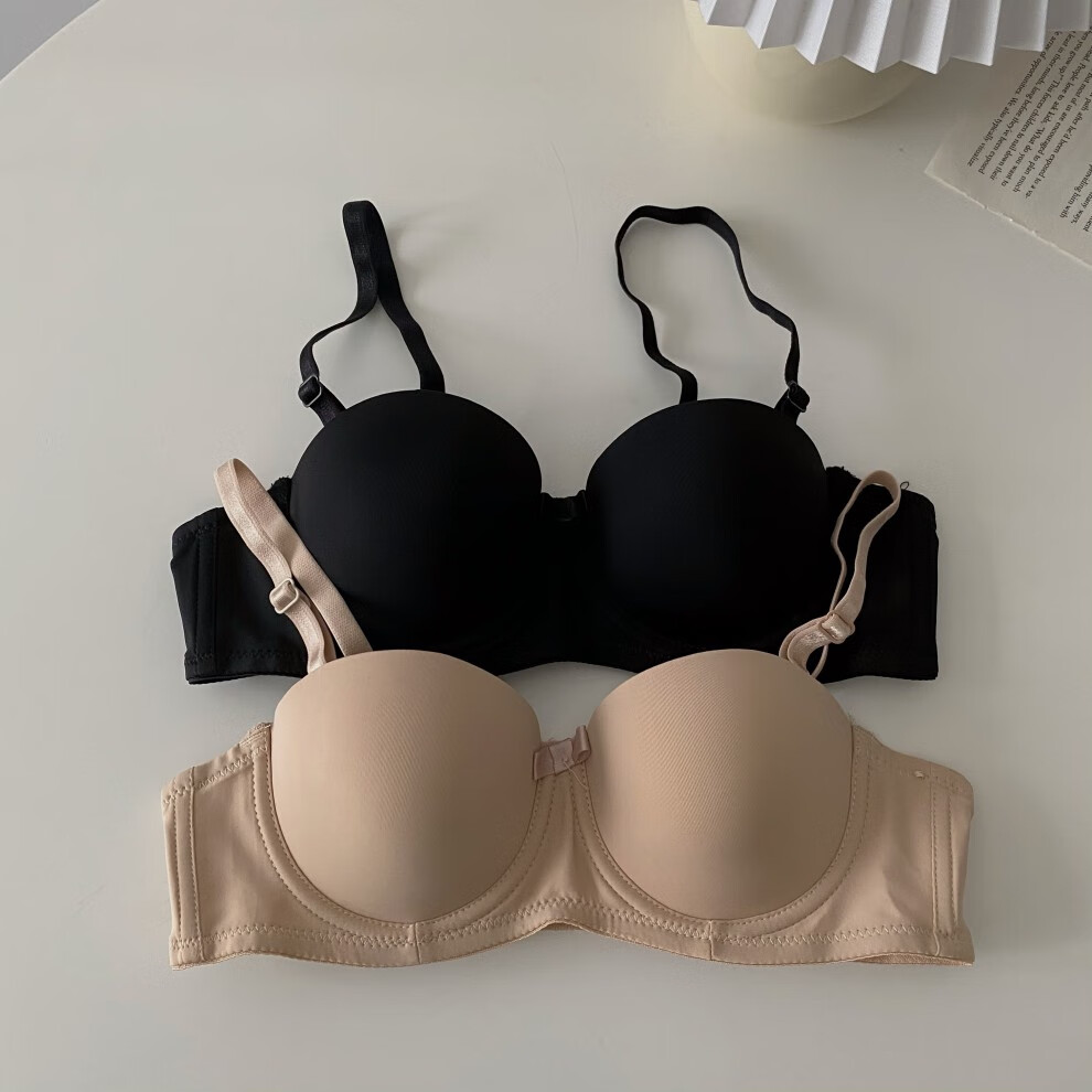2022春季调整型半杯少女文胸罩杯聚拢小胸纯色光面无痕日系内衣女黑色