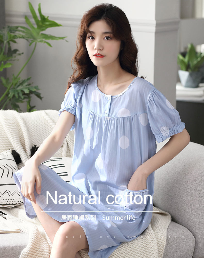 高质量女士夏季睡裙睡裙女夏季薄款短袖学生甜美公主风夏天波点睡裙歌
