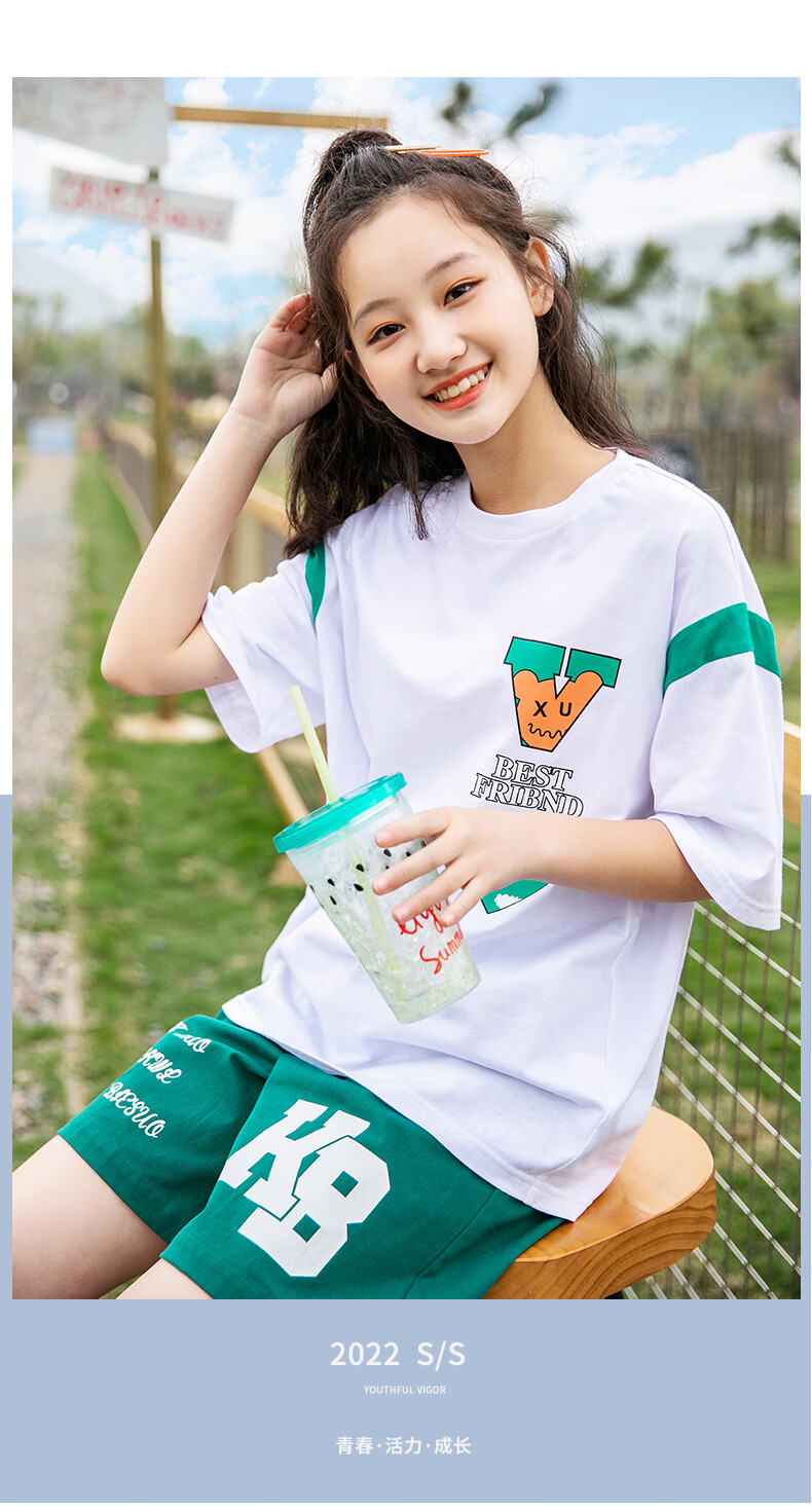 紫洛妮初中生短袖t恤女休闲套装夏季新款少女高中学生2