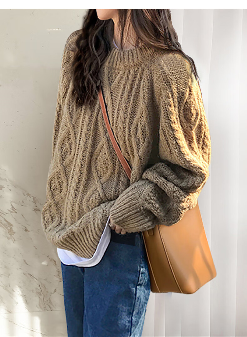 TonLion 2025 Autumn Winter Retro Style Cable Knit Women's Crew Neck Pullover Sweater 5