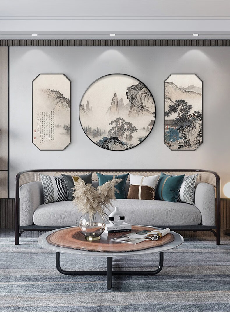 生态家居同款新中式客厅沙发背景墙装饰画三联画书房茶室壁画办公室挂