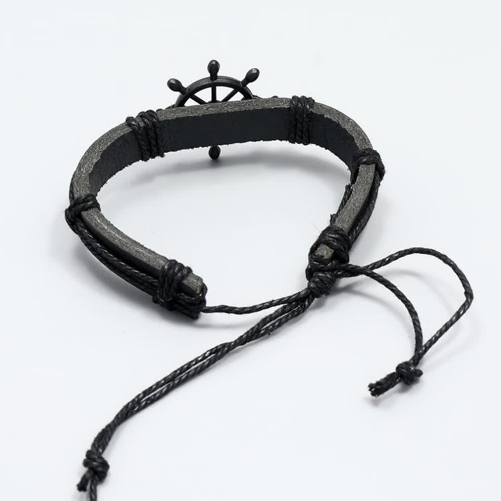 欧莱丝 个性复古编织黑色船舵牛皮手链欧美时尚流行男士手环饰品 棕色