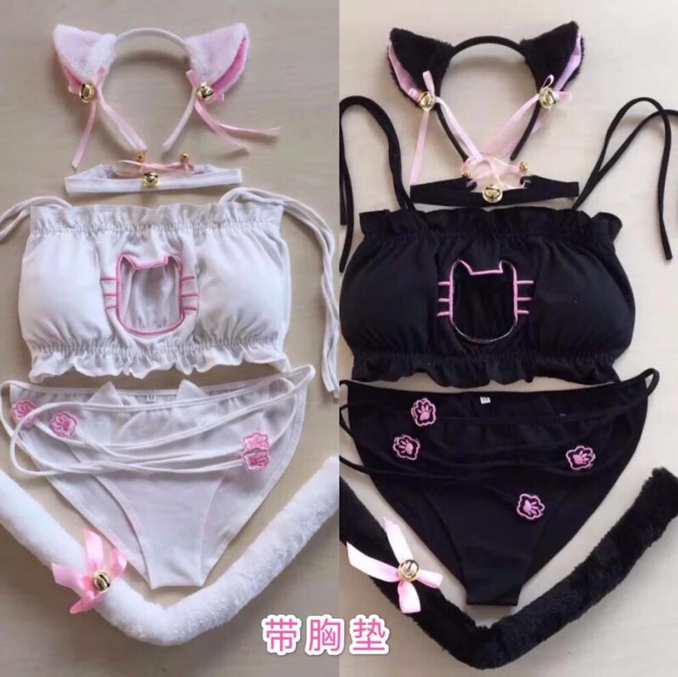 日系动漫周边cosplay猫咪内衣套装可爱镂空开胸耳朵软妹文胸套装黑色