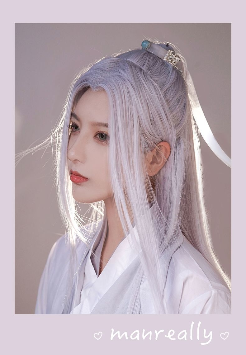 汉服假发长发白色古装古风cos男女万用直发中分刘海自然全头套式白色