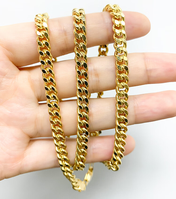 钧弘18k金古巴项链ins风黄金测身链坦克链牛仔链毛衣锁骨链au750素链