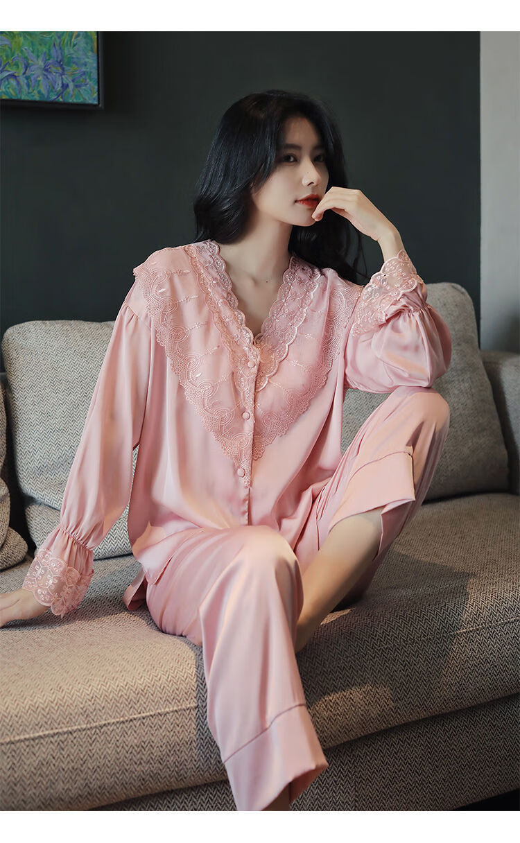 女士春季睡衣睡衣女秋夏甜美宫廷风公主蕾丝花边春长袖睡裙薄款居家