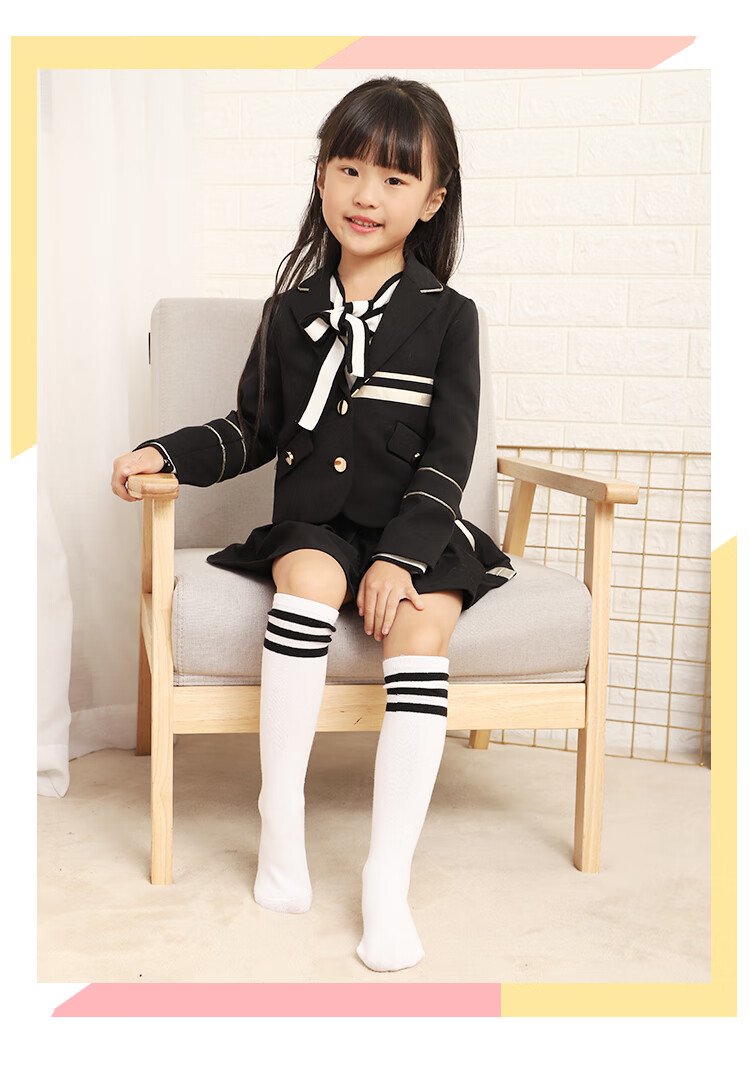 儿童长筒袜薄款春秋夏季学生校服袜女童中筒袜子宝宝韩版堆堆白色黑条