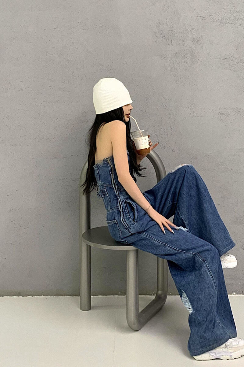 辣妹性感女大码新款设计感高腰显瘦阔腿裤牛仔连体裤s码建议8090斤