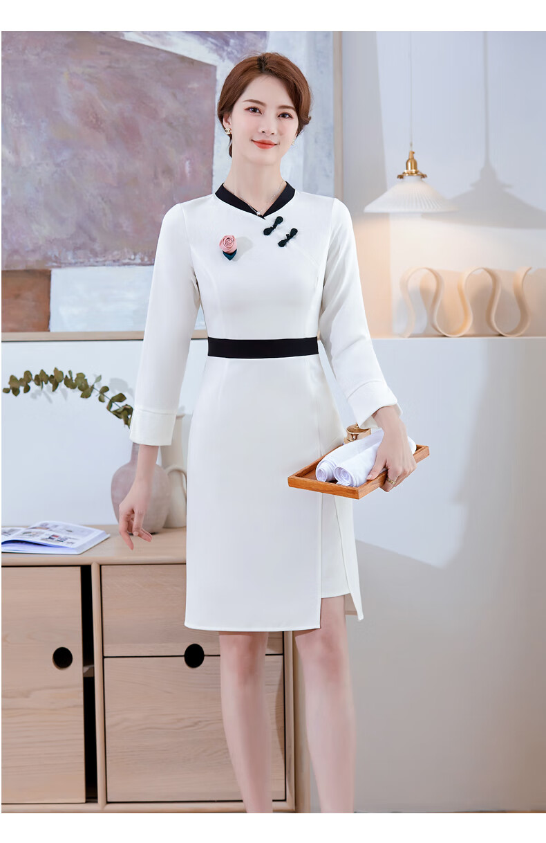 米姿月旗袍连衣裙优雅面试酒店接待美容院茶艺职业工作服灰色连衣裙s