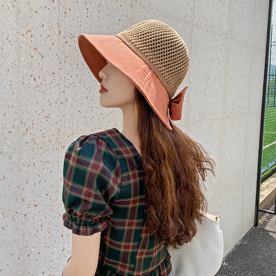 直播现货网红针织顶拼接渔夫帽子女拼色蝴蝶结遮阳帽百搭盆帽 黄色-拼