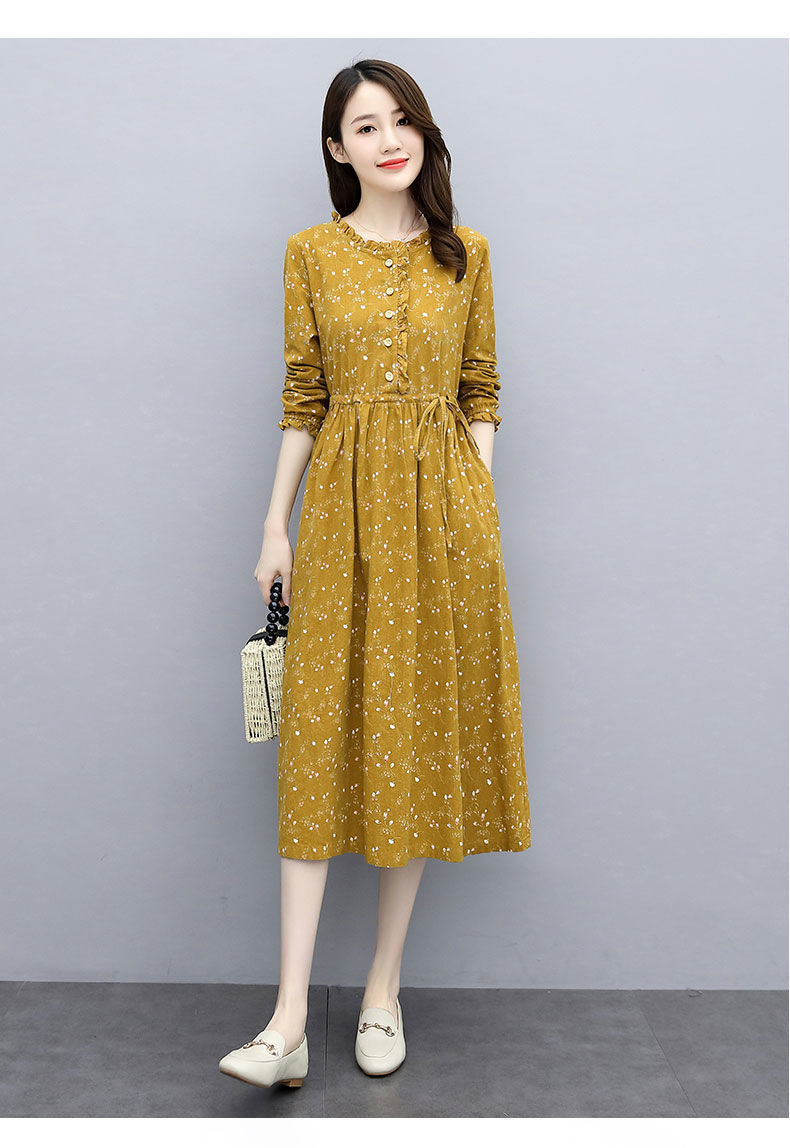 碎花棉麻连衣裙女秋2022新款长袖女装收腰显瘦文艺范休闲亚麻裙子