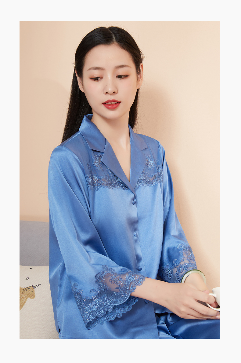 绣娘丝绸真丝睡衣女刺绣蕾丝重磅真丝家居服舒适长袖佳语套装蓝色170