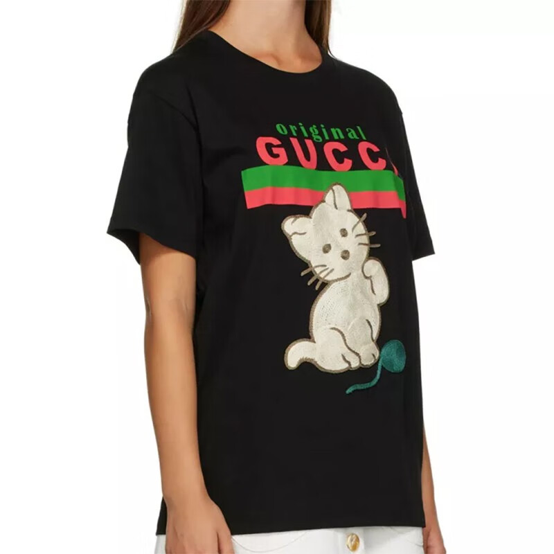 gucci古驰短袖t恤女士饰猫咪贴饰印花短袖t恤黑色615044xjcrg1082xs