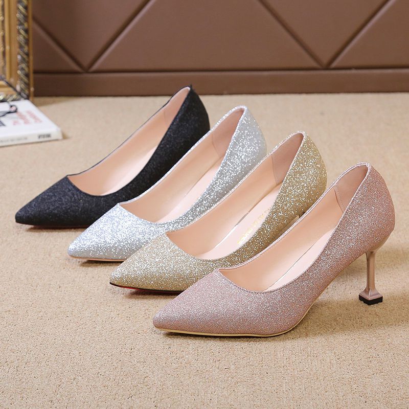 真便宜银色小码高跟鞋细跟中跟亮片婚鞋伴娘鞋宴会香槟色尖头百搭单鞋