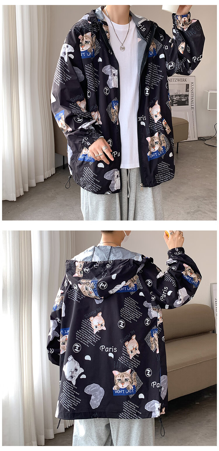 clawmoney男士防晒衣年夏季轻薄款连帽印花情侣外套潮牌宽松户外防晒