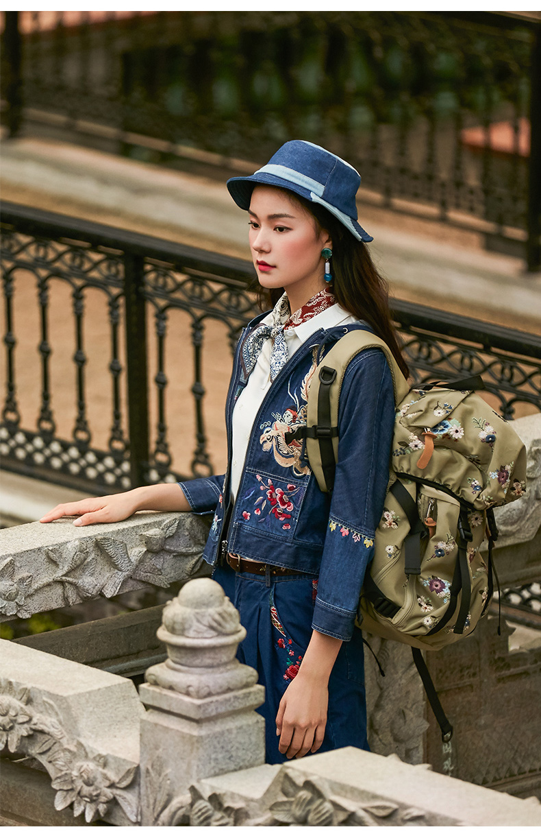 渔牌女装外套新款2022薄款名族风国风绣花休闲牛仔夹克女牛仔蓝17088a