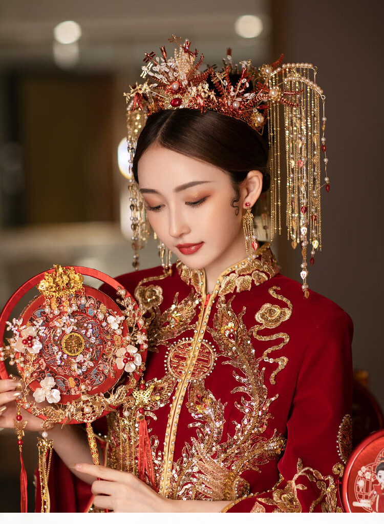 ck if施华洛世奇锆中式新娘头饰古典气质流苏凤冠蜻蜓红色精致古装