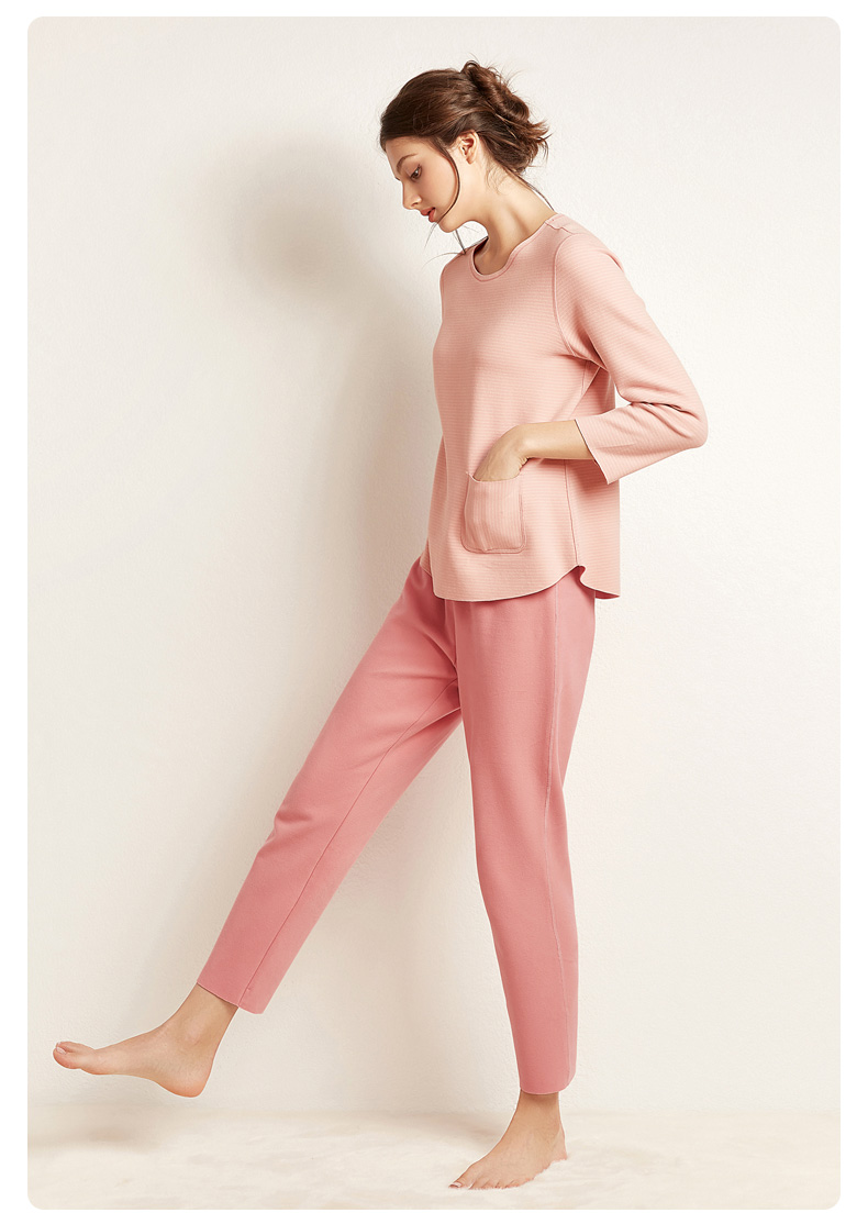 曼妮芬圆领长袖长裤套装双面穿搭家居服女士起居服20320487100粉色170