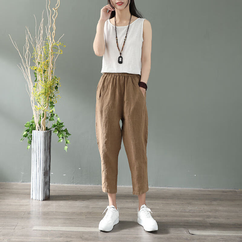 浪莎捡漏特价纯棉夏新款七分裤女休闲萝卜裤宽松薄款复古文艺松紧腰