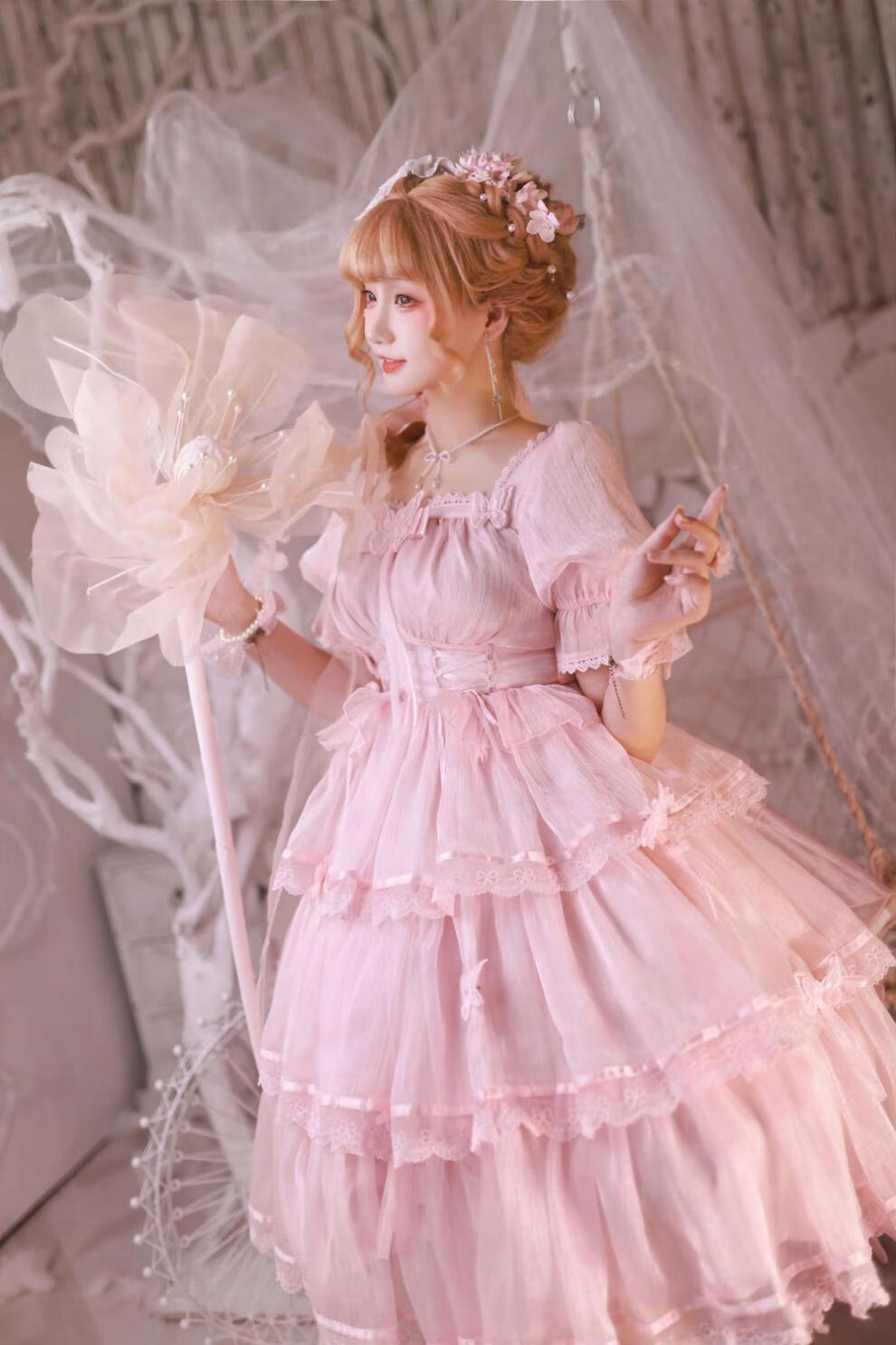鹿屿仙lolita短袖连衣裙洛丽塔夏季花嫁华丽法式甜美裙 浅粉色 尾巴