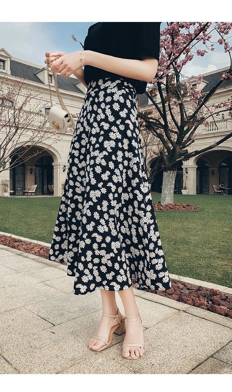 夏季半身裙女夏装新款学生小雏菊裙子碎花高腰百搭a字中长雪纺裙小