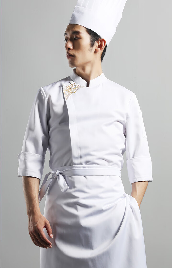 米集新中式绣厨师工作服长风快餐厨房厨师长男装 白色绣上衣 165/84/s