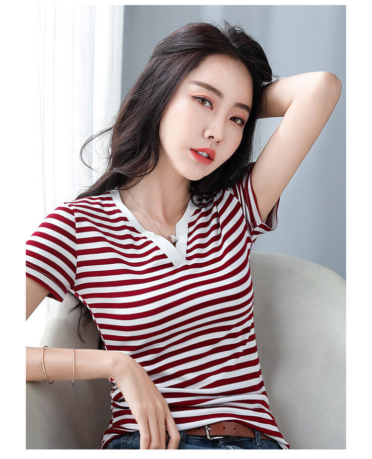2020夏季时尚新款女装小v领短袖t恤女修身显瘦打底衫上衣8914 黑白条