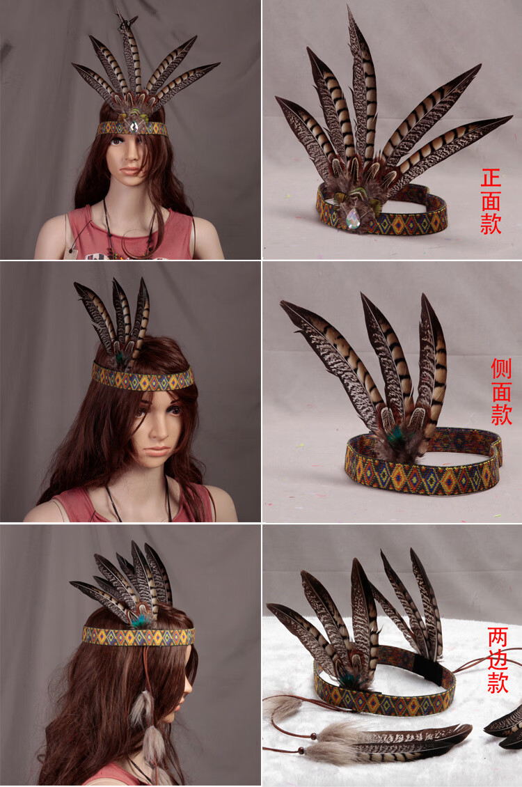 新款印第安羽毛头发饰野鸡毛头饰非洲夸张酋长帽走秀表演舞台道具侧面